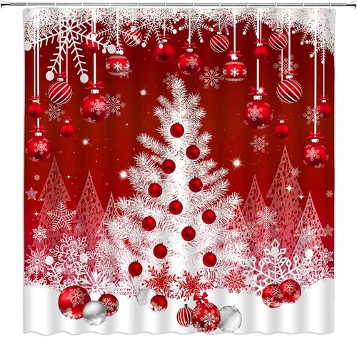 Miniatura 10 de Cortina de ducha de Navidad, árbol de Navidad, bolas rojas, copo de nieve, invierno, vacaciones, fantasía, Año Nuevo, decoración de baño, cortinas