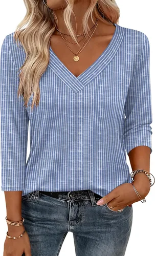 Miniatura 27 de Zeagoo Camisetas de manga 3/4 para mujer, cuello en V, blusa casual elegante, camisetas básicas 2026, ropa de moda S-2XL