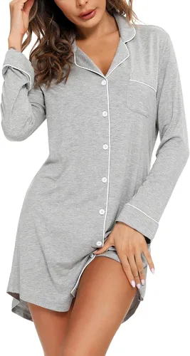 Miniatura 28 de Samring Camisón de pijama para mujer, manga corta/larga, con botones, camisón para dormir, camisón para novio, talla XXL