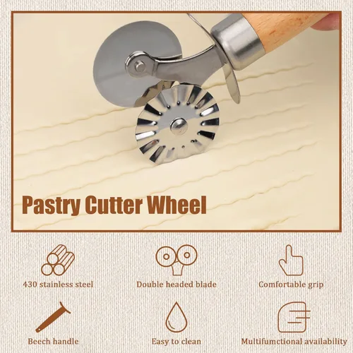 Miniatura 4 de Cortador de repostería de doble rueda, exquisito mango de madera, perfecto para pasta, pizza, ravioles, galletas, mejora tu arte culinario