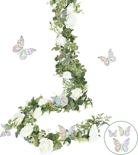 Miniatura 7 de Yastouay - 2 piezas de guirnalda de flores blancas de 13.1 pies con mariposas, eucalipto artificial con flores, vid de rosa falsa para centro