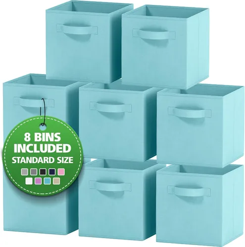 Miniatura 15 de Juego de 8 cubos de almacenamiento cestas plegables de tela con asas duales. Cubos de almacenamiento Organizador de estantes de armario Blanco