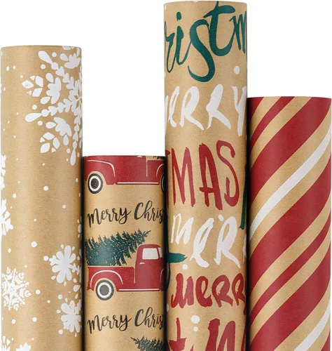 RUSPEPA Papel de regalo, papel kraft – Copos de nieve, coche y árbol de Navidad, rayas y Feliz Navidad – 4 rollos – 30 pulgadas x 10 pies por rollo