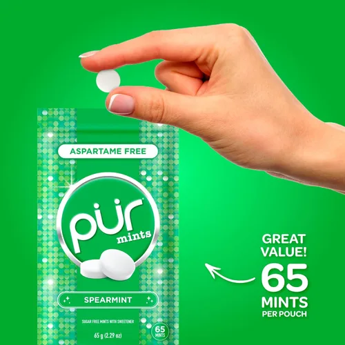 Miniatura 3 de PUR Mentas Mentas para aliento fresco sin aspartame Hechas con xilitol Sin azúcar, veganas, sin gluten Sabor natural a menta verde 65