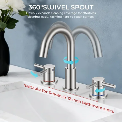 Miniatura 3 de FGKQ Grifo de Baño de Níquel Cepillado 3 Agujeros, Grifo de Baño de 8 Pulgadas Generalizado para Lavabo 3 Agujeros de Níquel Cepillado con Líneas