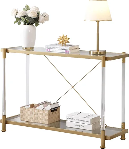 Miniatura 19 de Moderna mesa consola de cristal plateado, mesa de sofá estrecha para entrada con estantes de almacenamiento de 2 niveles para pasillo, espacio