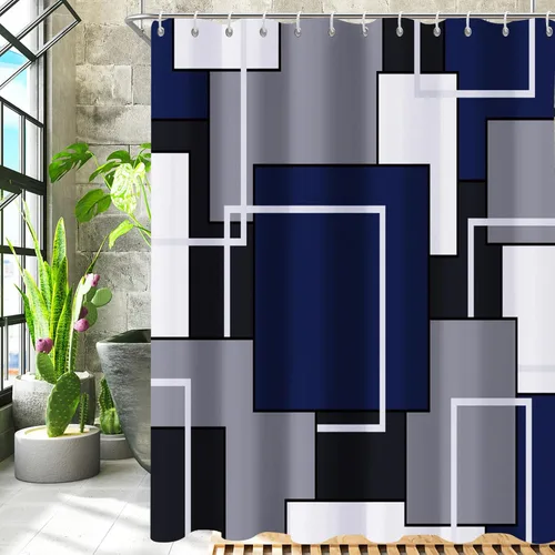 Miniatura 7 de Cortina de ducha azul marino, cortinas de ducha para baño, juegos de cortinas de ducha geométricas modernas de mediados de siglo, cortina de baño