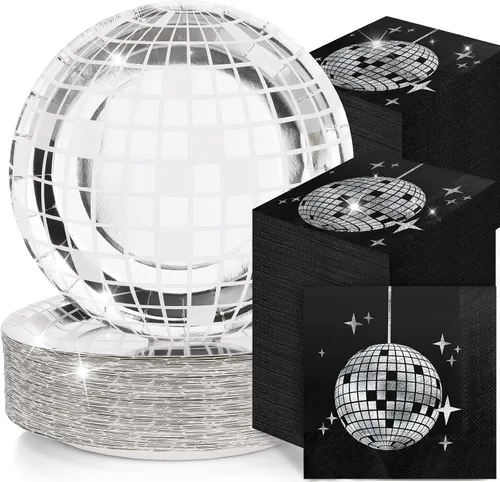 Funtery 200 platos de discoteca y servilletas de los años 70 y 80, incluye platos de papel de bola de discoteca y servilletas para 100 invitados,