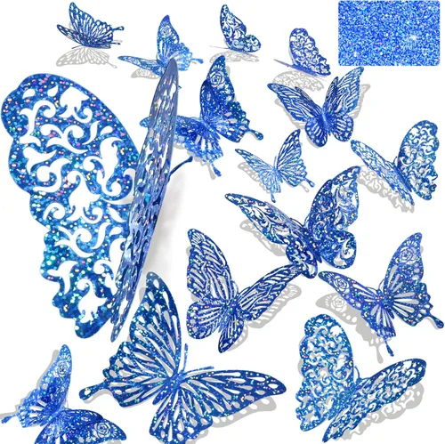 Miniatura 17 de 60 calcomanías de pared de mariposa plateada iridiscente 3D, calcomanías holográficas con 5 estilos murales de papel decorativo para guardería, aula