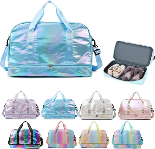 Bolsa de lona holográfica brillante para gimnasio con compartimento para zapatos y bolsillo húmedo, bolsa de viaje para mujer para fin de semana