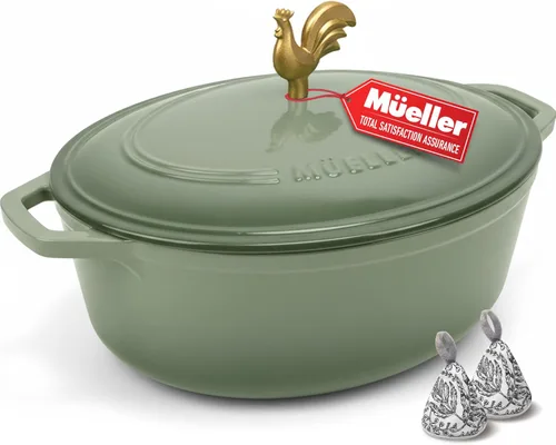 Miniatura 10 de MÜELLERHOME Horno holandés de hierro fundido esmaltado, 6 cuartos de galón, resistente, cazuela con tapa y perilla de acero inoxidable, para todas