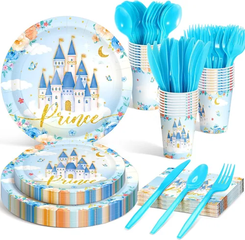 Miniatura 9 de Meanplan 168 piezas de decoración de fiesta de princesa, platos y servilletas de princesa, juego de vajilla desechable de castillo para niñas