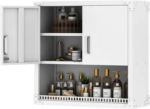 Miniatura 24 de Armario de almacenamiento de metal con estantes ajustables, armario de herramientas de garaje con 2 puertas con cerradura para oficina, hogar, Blanco