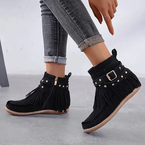 Miniatura 7 de AUNTHUI Sursell - Botines de gamuza para mujer, con flecos, punta redonda, planos, cálidos, de moda, occidentales, para exteriores, con cremallera