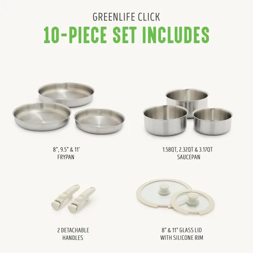 Miniatura 3 de GreenLife Ollas y sartenes de acero inoxidable de 10 piezas, juego de cocina desmontable y apilable, utensilios de cocina sin PFAS de tres capas