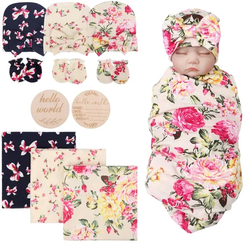 Miniatura 9 de DRESHOW BQUBO Manta de Recepción para Recién Nacido con Conjunto de Gorro con Lazo Estampado de Flores Manta Envolvente para Bebé con Gorro 1 juego