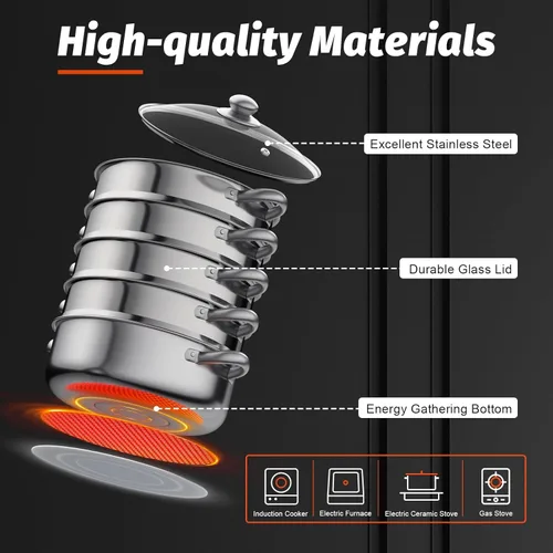Miniatura 2 de Vaporizador de acero inoxidable para cocinar, juego de ollas al vapor de alimentos con tapa de vidrio y asa para albóndigas al vapor, tamales