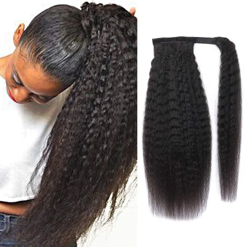 Miniatura 21 de Extensión de Cola de Caballo de Cabello Humano Kinky Recto con Pasta Mágica Envolvente de 30,48 cm, Cabello Natural Negro Brasileño, Extensiones
