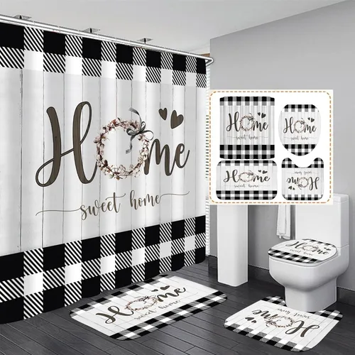 Miniatura 11 de LQCOOL 4Pcs Black Green Shower Curtain Set, Modern Minimalist Bathroom Sets, Abstract Botanical Bathroom Sets with Shower Curtain and Rugs, Tropical