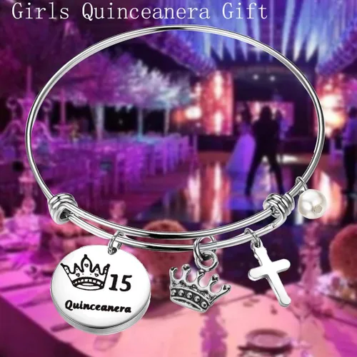 Miniatura 6 de FEELMEM Quinceañera - Pulsera de 15 cumpleaños para niñas y niñas 15 años de quinceañera brazalete de alambre expandible joyería de membrillo