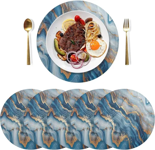 Miniatura 3 de Mantel individual redondo de mármol azul dorado, lavable para mesa de comedor para cocina (talla única x 1)