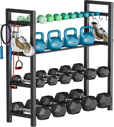 Soporte ajustable para mancuernas y pesas rusas, organizador de metal resistente para entrenamiento de gimnasio en casa con gancho para accesorios