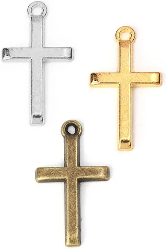 JGFinds Colgantes con dije de crucifijo de cruz, paquete de 150 (50 de cada uno), 1 pulgada x 1/2 pulgada, tono plateado envejecido, bronce/dorado,