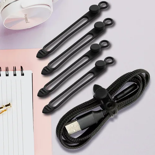 Bridas de silicona para cables, 5 unidades, 4.2 pulgadas, color negro, reutilizables, correas elásticas, organizador de alambre flexible para