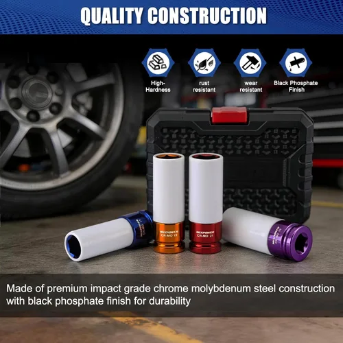 Miniatura 6 de MIXPOWER Protector de rueda de transmisión de 1/2 pulgada, juego de 4 piezas de enchufe de impacto profundo de pared delgada, enchufe de tuerca