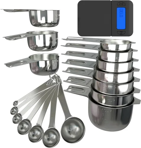 Vasos medidores de acero inoxidable utilizados para hornear, cucharas medidoras y báscula de cocina, juego de 16 piezas, 6 tazas, 6 cucharas, tabla