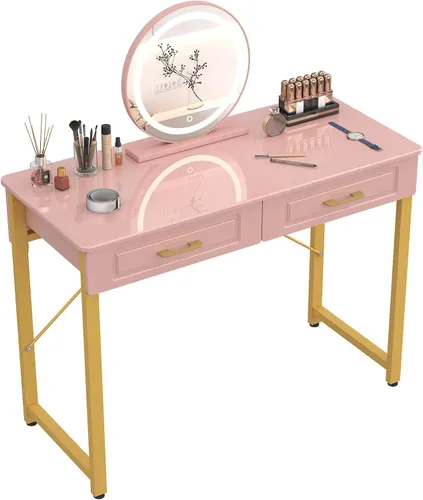 Miniatura 10 de WESTREE Mesa de Tocador con 2 Cajones y Estante de Almacenamiento, Mesa de Maquillaje Moderna con Escritorio Brillante, Escritorio de Marco Dorado