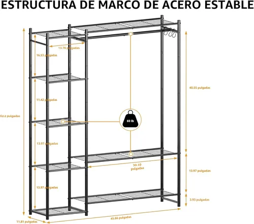 Miniatura 3 de Guardarropa con armario, estante portátil para ropa con 4 estantes, organizadores de armario independientes y sistema de almacenamiento con varillas