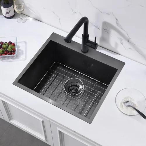 Miniatura 8 de Fregadero de cocina negro 21 x 18 x 10 pulgadas, calibre 16 T304, fregadero de cocina pequeño, acero inoxidable negro, para preparación al aire