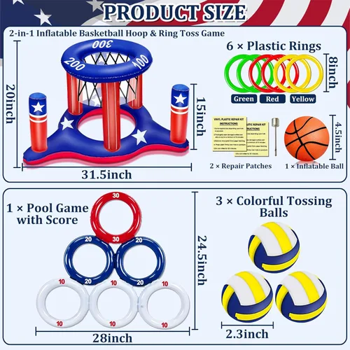 Miniatura 2 de Juego de juguetes de piscina con la bandera estadounidense, aro inflable de baloncesto flotante 2 en 1 y juego de piscina inflable para lanzar