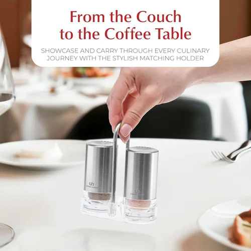 Miniatura 3 de Salero y pimentero con soporte, elegante juego de salero y pimentero de acero inoxidable con soporte acrílico para encimera de cocina o mesa