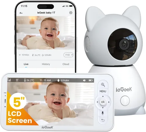 Miniatura 9 de ieGeek Monitor de bebé con 2 cámaras, monitor de bebé de video con pantalla grande de 5 pulgadas y pantalla dividida Monitor no WiFi de 2K HD