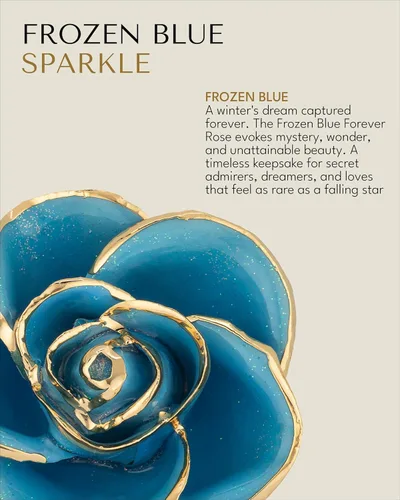 Miniatura 2 de Forever Rose Rosa real con brillo azul congelado sumergida en oro de 24 quilates con pétalos de oro azul brillante y tallo dorado, rosa preservada