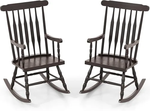 Miniatura 11 de Giantex Mecedora de madera para exteriores, mecedora de patio con marco de madera de goma maciza, respaldo de listones, balancín exterior e