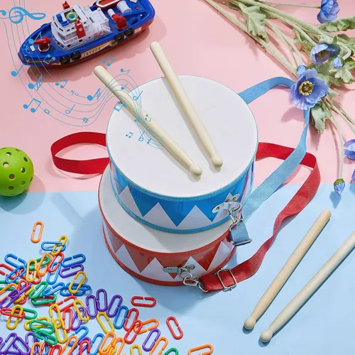 Miniatura 5 de Boao Juego de 2 tambores para niños, tambor de juguete de madera de 8 pulgadas para niños pequeños con correa ajustable y 4 baquetas, instrumento