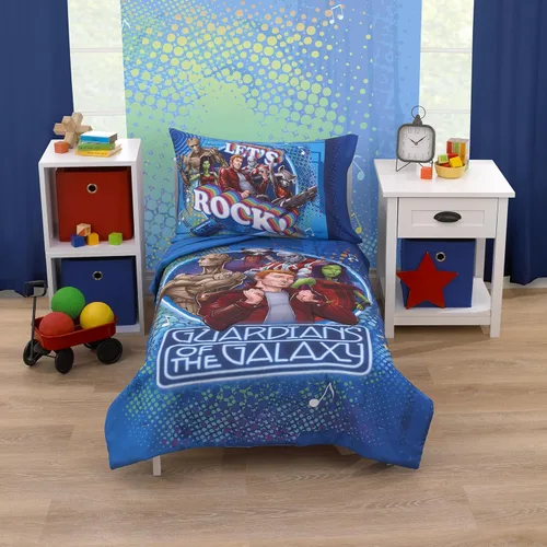 NoJo Marvel Guardians of The Galaxy Azul Let's Rock Juego de Cama para Niños Pequeños de 4 Piezas - Edredón, Sábana Bajera Ajustable, Sábana