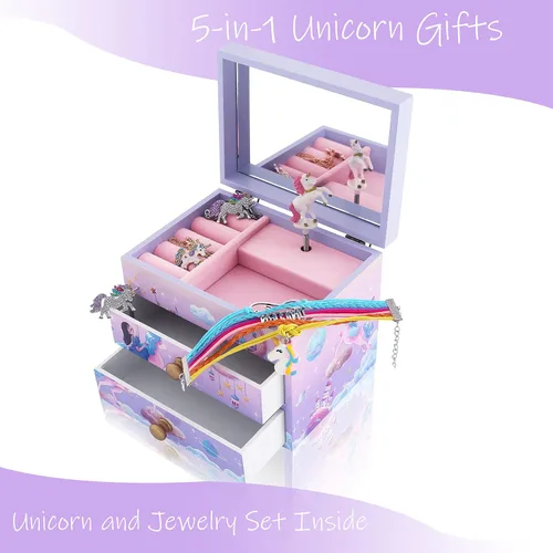 Miniatura 2 de Joyero musical de madera para niñas con juego de joyas a juego B-unicornio morado4