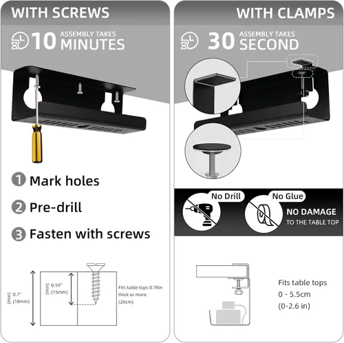 Miniatura 7 de Bandeja de organización de cables para debajo del escritorio sin taladrar con abrazadera, organizador de cables de escritorio para el hogar