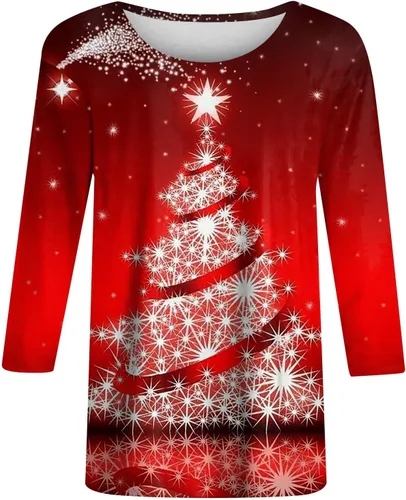 Miniatura 2 de YUHEDADA Blusas de Navidad para mujer, lindos guantescopos de nieve, manga tres cuartos, cuello redondo, suéter de moda de otoño