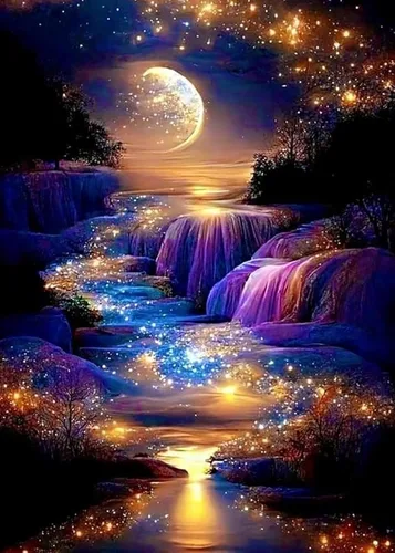 KINPLUB Kits de Pintura de Diamante 5D para Adultos, Kits de Arte de Diamante de Cascada Lunar para Principiantes, Pintura de Paisaje Lunar de