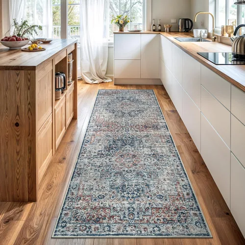 Miniatura 43 de Bloom Rugs Caria Alfombra Lavable Antideslizante de 7 pies - Azul/Carbón Alfombra Tradicional para Entrada, Pasillo, Baño y Cocina - Tamaño Exacto