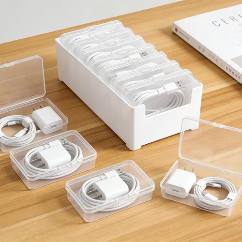 Miniatura 7 de Juego de 4 cajas organizadoras de cables con 28 fundas transparentes para interruptores, organizador de cables de escritorio, caja organizadora