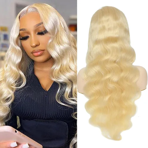 Miniatura 13 de Peluca de cabello humano con encaje frontal de onda corporal, rubio 613, brasileña 13x4, peluca frontal de encaje rubio de 200 densidad, nudos Rubio