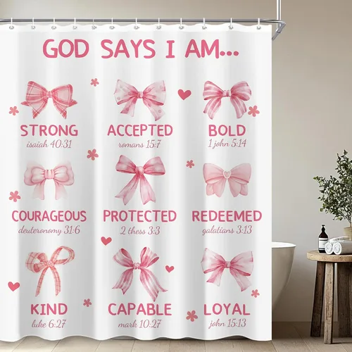 Miniatura 6 de Juego de cortinas de ducha con lazo rosa para baño, 60 pulgadas de ancho x 72 pulgadas de alto, cortina de ducha con texto en inglés «God says I Am