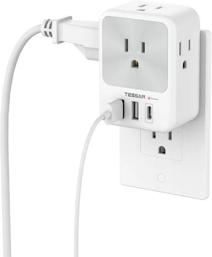 Miniatura 9 de Divisor de enchufe de pared múltiple, extensor de protector de sobretensión TESSAN de 4 salidas con 3 bloques de carga USB (2 USB C), expansor
