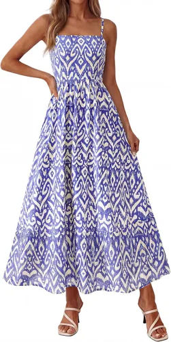 Miniatura 15 de PRETTYGARDEN Vestido largo de verano para mujer, con tirantes delgados, bohemio, floral, a rayas, para invitadas de boda, playa, vacaciones, vestido